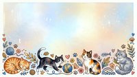 Watercolor cats border with playful kittens, yarn balls, paw prints, and floral elements on soft pastel background with copy space.