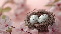 Speckled eggs in natural nest surrounded by delicate pink cherry blossoms, creating soft spring atmosphere against blurred rosy background.