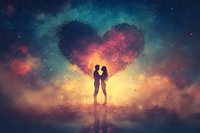 Romantic silhouette of couple kissing against cosmic heart-shaped nebula in starry night sky, reflecting on water surface with dreamy colorful galaxy background.