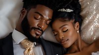 Young African American newlywed couple lying close together, bride wearing tiara and groom in formal suit, sharing intimate romantic moment with eyes closed, soft lighting.