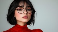 Young Asian woman with short black hair wearing round glasses and red turtleneck sweater against light background, modern beauty portrait with natural makeup look.