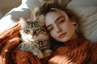 Young woman with wavy blonde hair and fair complexion cuddling tabby cat while wearing cozy rust-colored sweater on bed with neutral bedding and pillows.