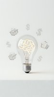 Light bulb with glowing brain filament surrounded by floating dollar signs and shopping baskets representing creative business ideas and financial success.