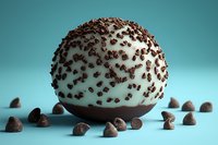 Chocolate chips scattered on white sphere with dark chocolate base against turquoise background, surrounded by chocolate morsels on surface.