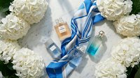 Luxury perfume bottles with blue silk ribbon surrounded by white hydrangea flowers on marble surface for elegant fragrance and beauty product photography.