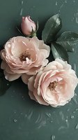 Delicate blush pink roses with water drops on dark green background, moody floral composition showing fully bloomed garden flowers and fresh leaves.