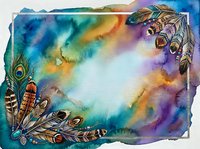 Watercolor frame with ornamental feathers and vibrant rainbow gradient background, isolated on white for design projects, invitations, and creative compositions.