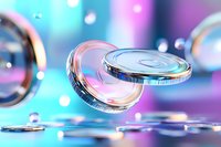 Shiny metallic coins floating in air against blurred pink and blue background with bokeh lights, creating dynamic financial composition.