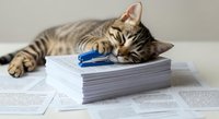 Tabby cat resting on stack of papers with blue pen, surrounded by documents on desk. Suitable for office, work, stress, and productivity concepts.