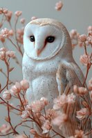 White barn owl perched among delicate pink blossoms against soft gray background, creating dreamy natural composition for wildlife and nature photography.