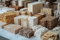 Artisanal soap bars with natural ingredients and textures displayed in rows, featuring organic materials, earthy tones, and varied patterns for wellness and spa.