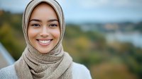 Young Asian woman wearing beige hijab smiling outdoors with blurred natural landscape background. Portrait captures genuine happiness and cultural identity.