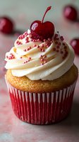 Fresh cherry cupcake with swirled vanilla buttercream frosting, topped with pink sugar pearls and glazed maraschino cherry on textured pink background.