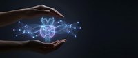 Human hands protecting glowing digital heart with network connections on dark background for healthcare technology and medical innovation concepts.