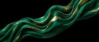 Flowing emerald green ribbons with gold accents wave across a dark background, creating an elegant abstract design suitable for luxury branding and modern graphic projects.