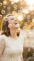 Happy young Caucasian woman laughing with soap bubbles floating around her in warm golden sunlight creating magical bokeh background atmosphere.