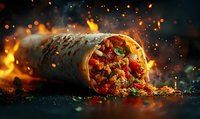 Spicy burrito with meat and vegetables wrapped in tortilla on dark background with fire sparks and flames, dramatic food photography for restaurant menu.