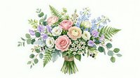 Watercolor wedding bouquet with pink roses, white ranunculus, purple flowers and eucalyptus leaves on white background for bridal design and invitations.