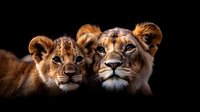 Lioness and cub portrait on black background showing tender family moment and strong bond between mother and baby lion. Close up view highlights facial features and expressions.