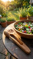 Fresh garden salad in wooden bowl with serving utensils on outdoor table during golden hour sunset light for healthy eating and organic lifestyle.