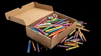 Cardboard box filled with colorful markers and crayons scattered on transparent background, ready for clipart, print-on-demand designs, t-shirt graphics, stickers, and sublimation projects.