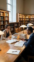 Professional woman and African American man studying together at wooden table in university library with books and laptop for academic research.
