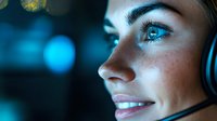 Young Caucasian female customer service representative with headset smiling in blue neon lighting, side profile view showing professional confidence and friendly service.