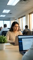 Woman with dark hair and South Asian ethnicity, wearing a beige cable-knit sweater, sits at a wooden desk in a modern office environment, focused on her laptop displaying analytics data. Colleagues work in the background.