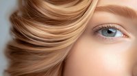 Close up view of blonde woman's eye with natural makeup and flawless skin showing professional beauty treatment and cosmetic application results.