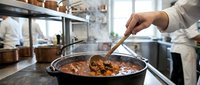 Professional chef stirring delicious stew in commercial kitchen pan with wooden spoon during food preparation service.