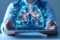 Digital hologram of human lungs with glowing vessels and bronchi floating above medical tablet device held by healthcare professional in blue coat.