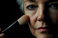 Close up portrait of mature Caucasian woman applying makeup with professional brush against dark background, showing natural aging skin texture and wrinkles.