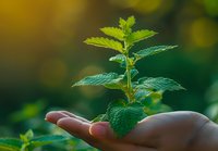 Young green plant seedling growing in protective cupped hands with soft natural bokeh background representing growth, care and environmental protection.