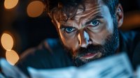 Focused middle-aged Caucasian businessman with beard reading documents in dimly lit office. Intense blue eyes, concentrated expression, warm bokeh lights.
