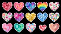 Watercolor heart collection with floral, rainbow, galaxy, and geometric patterns, isolated on transparent background. Great for stickers, t-shirt design, clipart, and print on demand.