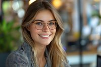 Young professional Caucasian woman with blonde hair wearing stylish eyeglasses and grey blazer smiling confidently in modern office environment, perfect for business, success and leadership concepts.