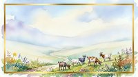 Watercolor pastoral landscape with grazing sheep in meadow, rolling hills and cloudy sky. Rural countryside scene for home decor and nature artwork.