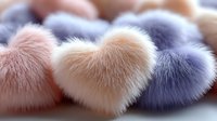 Soft fluffy heart shaped decorative fur pom-poms in pastel pink, peach and purple colors arranged in row on light background. Romantic textile design elements.