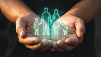 Protective hands holding glowing holographic family silhouettes representing care, insurance coverage, and security for loved ones in digital age.