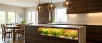 Modern kitchen with dark wood cabinetry, brass pendant lights, and built-in herb garden with grow lights in island. Bright windows, white subway tile backsplash, and dining area visible.