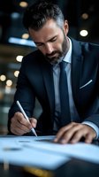 Mature businessman with beard in dark suit signing documents at office desk. Professional corporate portrait with moody lighting and bokeh background.
