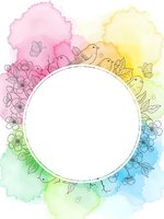 Watercolor floral frame with birds and butterflies in rainbow colors, circular border with flowers and leaves for spring design projects.