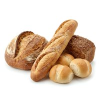 Assorted fresh baked bread loaves and rolls isolated on white background, including whole wheat, sourdough, and baguette for bakery and food design.