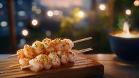 Grilled shrimp skewers on wooden board with bokeh lights in background, creating cozy restaurant atmosphere for seafood dining experience.