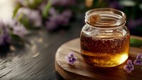 Fresh golden honey in glass jar on wooden board with purple spring flowers, natural sunlight creates warm ambiance, rustic food photography setup.
