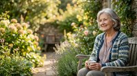 Senior woman with gray hair and light skin tone, wearing a patterned cardigan, sitting on a wooden bench in a lush garden surrounded by blooming flowers and climbing ivy, holding a cup of tea or coffee, relaxed outdoor lifestyle portrait.