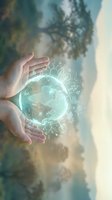 Hands protecting glowing Earth globe with environmental icons for sustainability, conservation, and green technology concepts in business presentations.