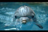 Playful dolphin close-up portrait showing smiling face emerging from turquoise water with water droplets and splashes, perfect for marine life and underwater photography projects.
