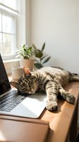 Tabby cat sleeping on laptop computer at wooden desk near window with houseplants and coffee mug in cozy home office workspace for remote work concepts.