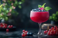 Refreshing summer berry cocktail garnished with fresh blueberries and mint leaves, served in elegant coupe glass against dark moody background.